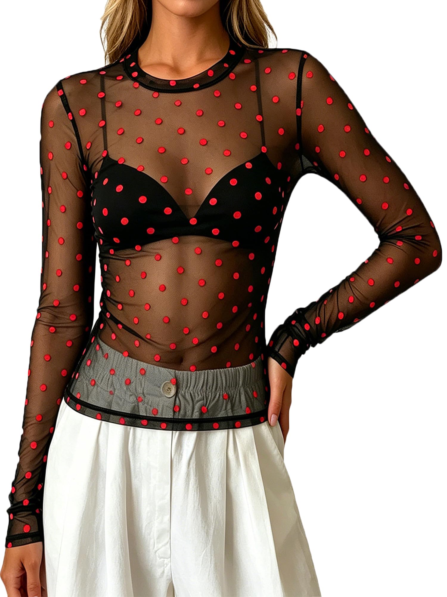 Acrawnni Women's Sexy See Through Slim Fit Shirts Long Sleeve Sheer Mesh Tops (A-Black, M)