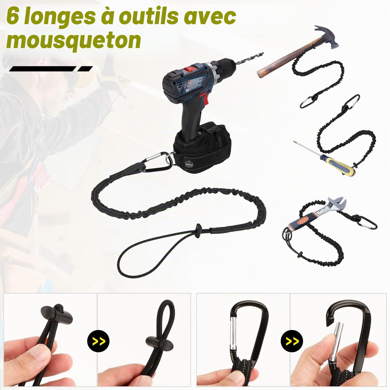 6 Pièce Longe à Outils, Cordon de Sécurité pour Travaux en Hauteur, Lanière de Sécurité avec Mousqueton, Laisse à Outil de Sécurité Rétractable, Outil de Protection Contre Les Chutes, Maximum 15KG