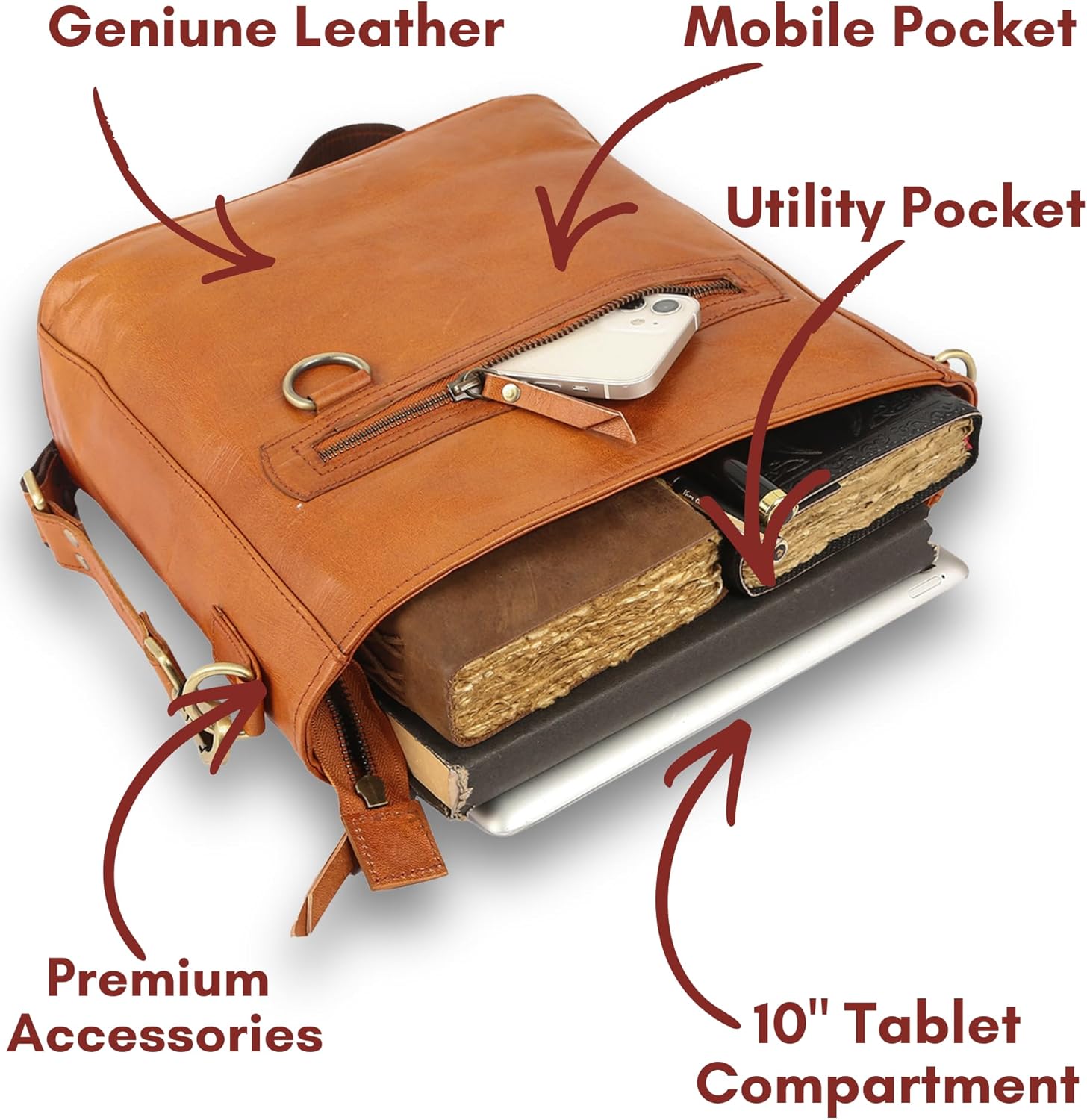 URBAN LEATHER Vintage Leather Shoulder Crossbody Bags for Women, Office Work Bag with Secured Tablet Compartment, Genuine Leather Handmade Sling Cross Body Purses for women - Image 5