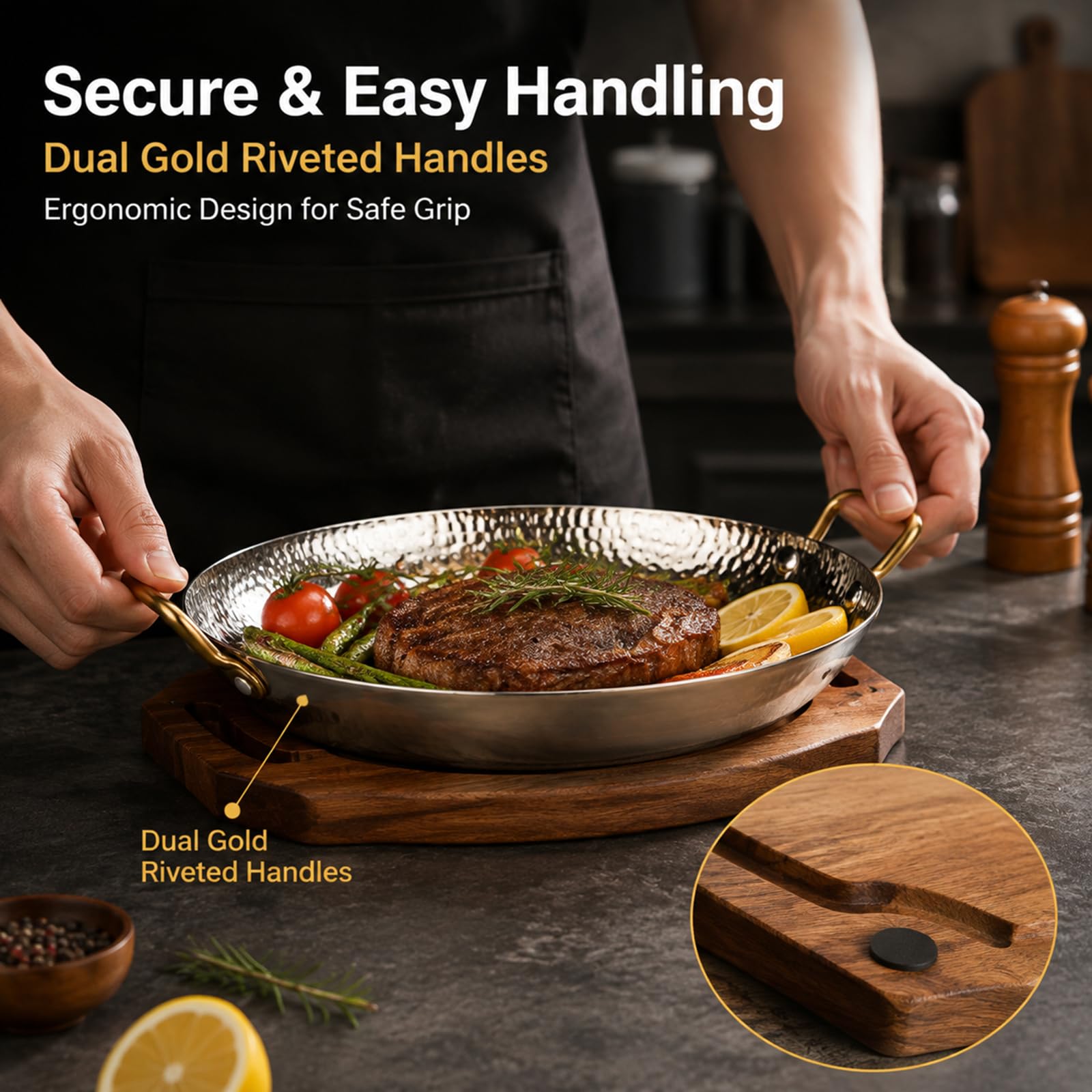 Paellera de Acero Inoxidable 304, sartén Ovalada española para mariscos con Asas Dobles, Cacerola arrocera con Fondo Martillado para hogares o restaurantes,Plata,40cm