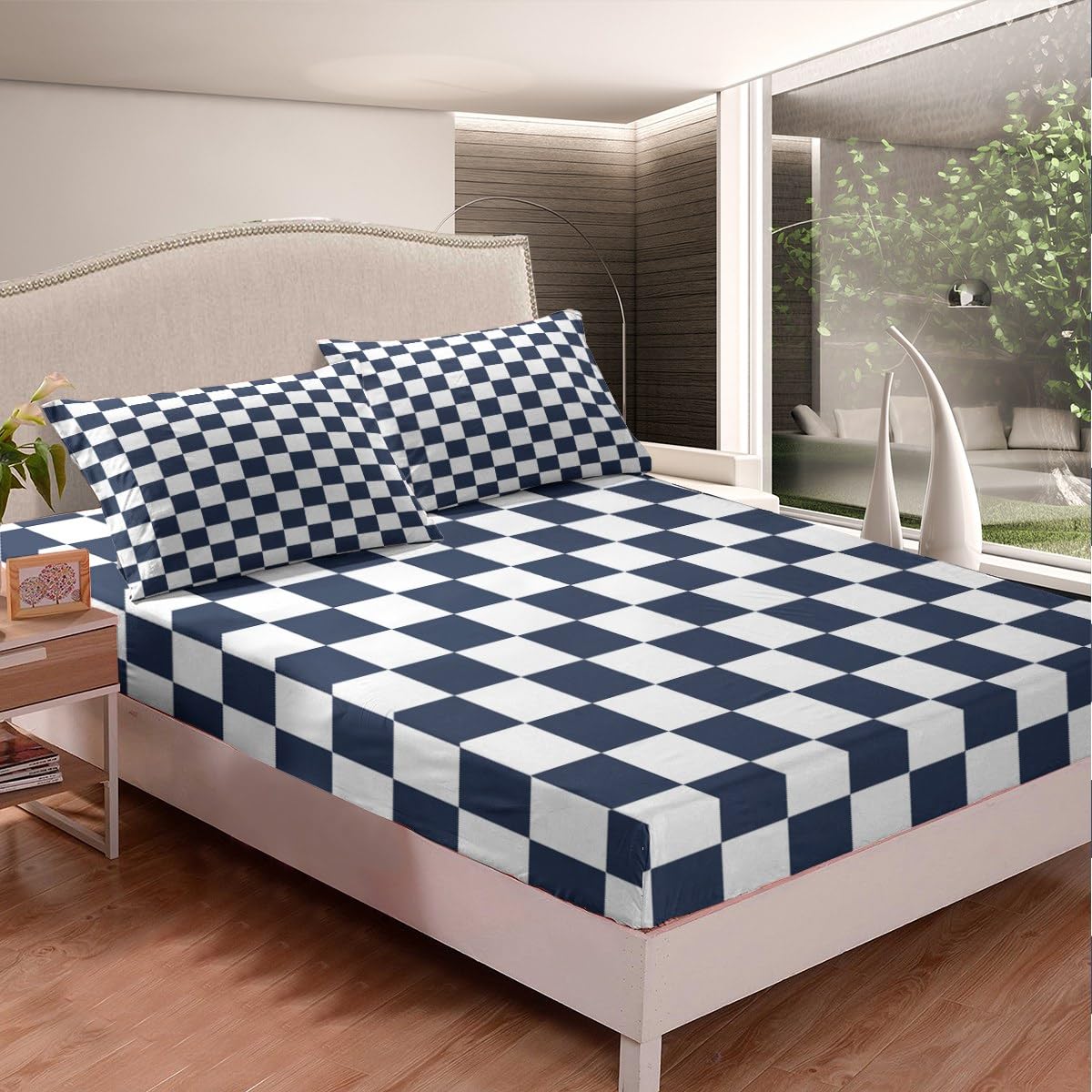 Modern Geometric Plaid Fitted Sheet,Full Size Modern Geometric Plaid Collections,Blue White Grid Bedding Deep Pocket for Children Teens Young with 2 Pillowcases(No Flat Sheet)