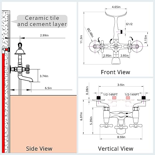 Miniatura 7 de Grifo de bañera para teléfono con pulverizador, para montaje en pared, ducha de mano, 3 manijas cruzadas, relleno de bañera antiguo, centro