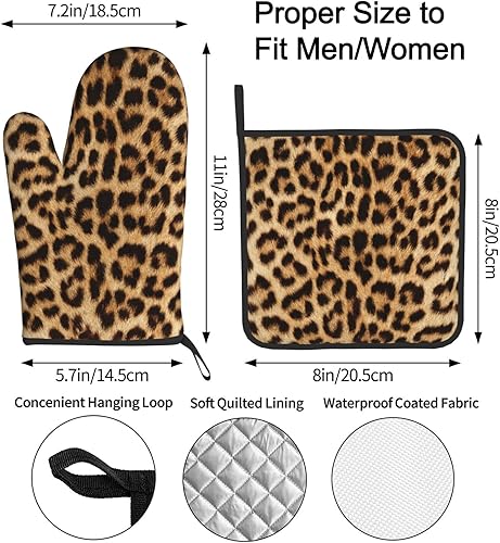 Miniatura 3 de Juego de 4 guantes de cocina con estampado de leopardo y soportes para ollas almohadillas calientes antiquemaduras y guantes de horno resistentes al