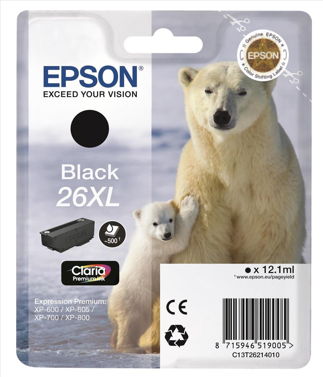 Epson 26XL Polar Bear Black High Yield Genuine, Claria Premium Ink Cartridge