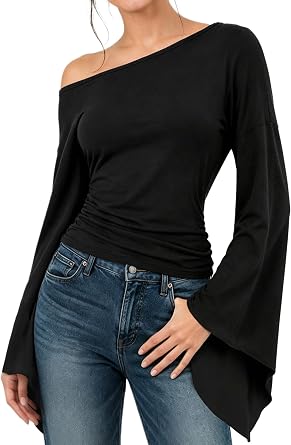 Hilinker Womens Off The Shoulder Top Long Batwing Sleeve Ruched Asymmetrical Sexy Going Out Shirts