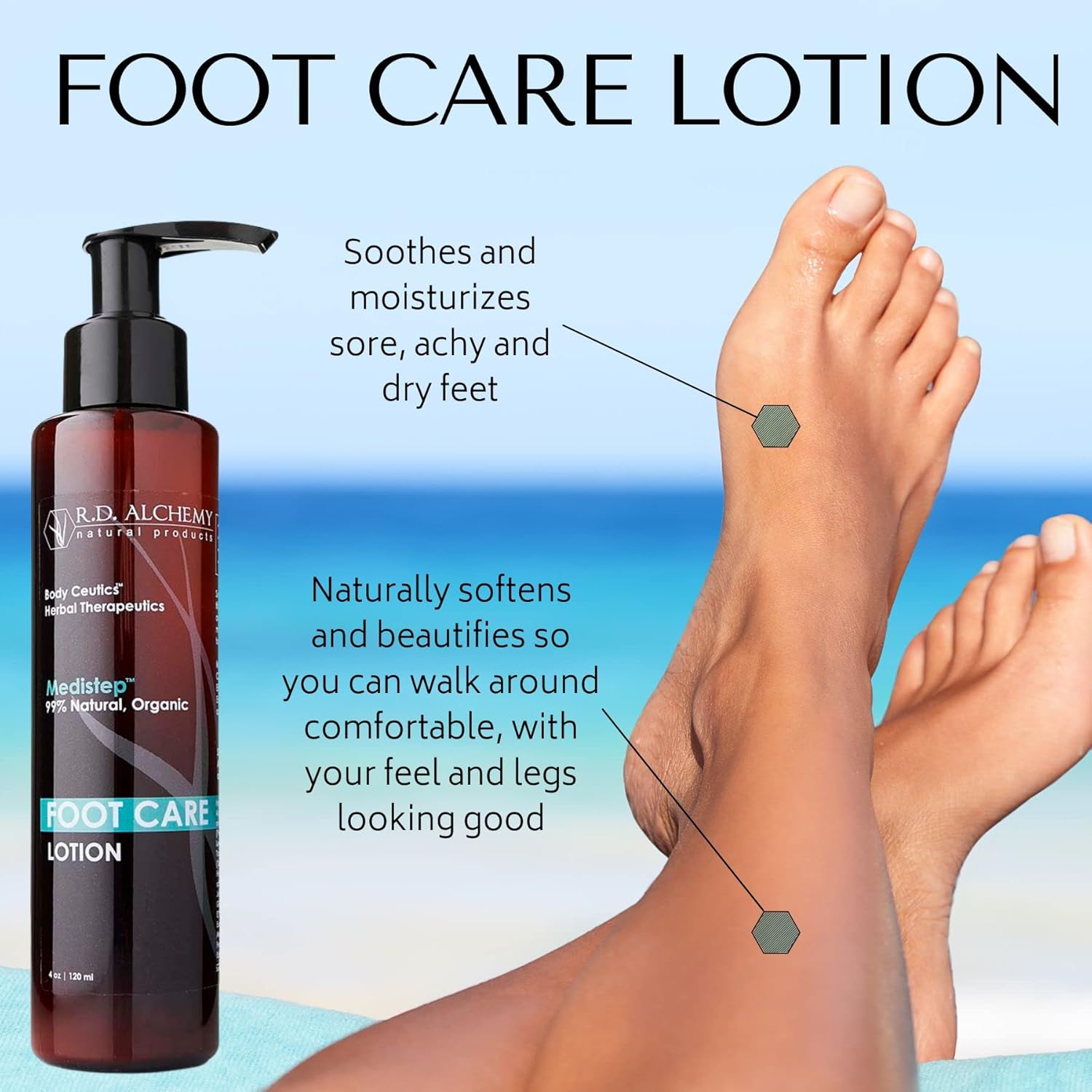 RD Alchemy - 99% Natural & Organic Foot Care Lotion for Sore, Dry, & Funky Feet. Cooling Peppermint, Soothing Witch Hazel, & Healing Herbal Extracts Soothe & Soften for Healthy & Sexy Legs & Feet.