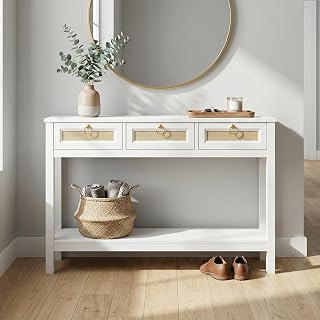Console Table for Entryway, 3 Drawers Console Table with Storage, White Wooden Console Table with Real Rattan & Gold Handl... Price In India