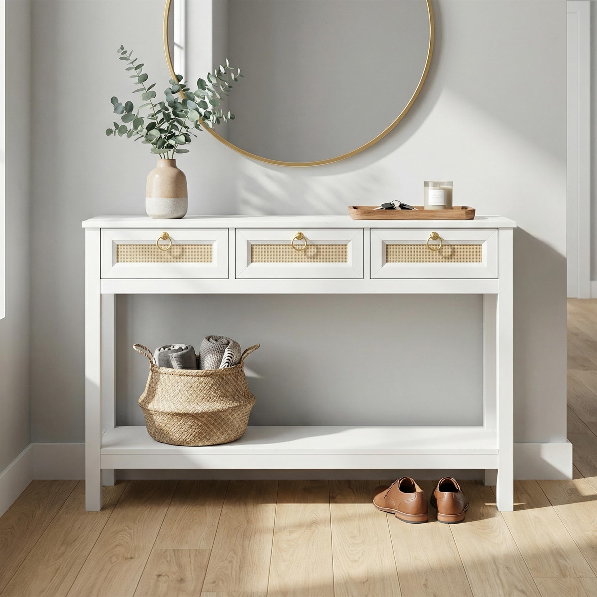 Console Table for Entryway, 3 Drawers Console Table with Storage, White Wooden Console Table with Real Rattan & Gold Handles, Modern Console Tables for Living Room Decor, Bedroom, Hallway | DIY