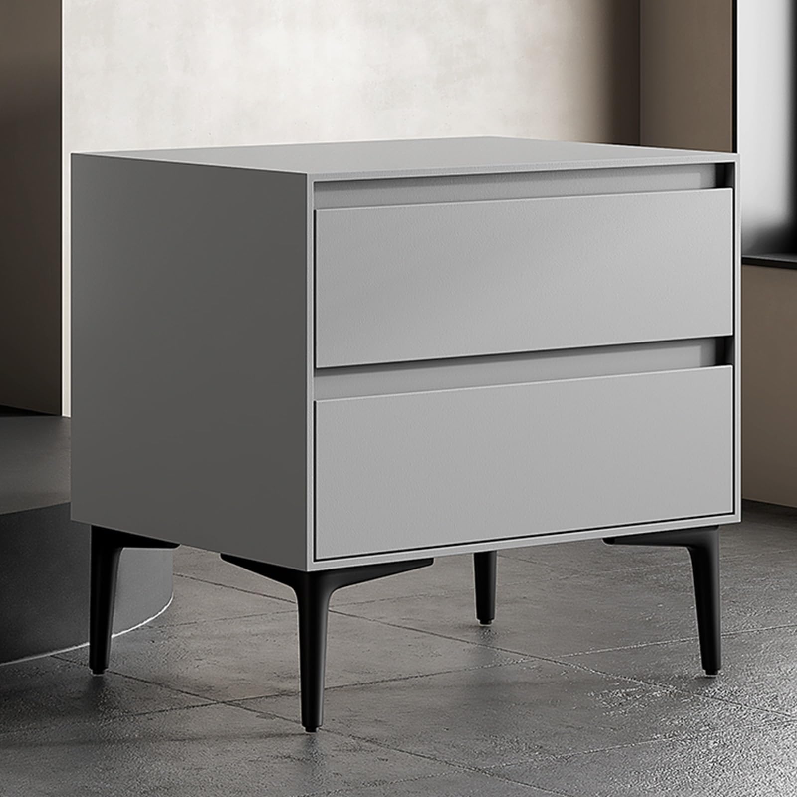 SXZenSpace Light Grey Bedside Table with Storage Drawer, Wooden Nightstand, Compact Chest of Drawers, Leather Top, Bedroom Furniture, 48cm Small Side Table, Modern Design, 1 PCS