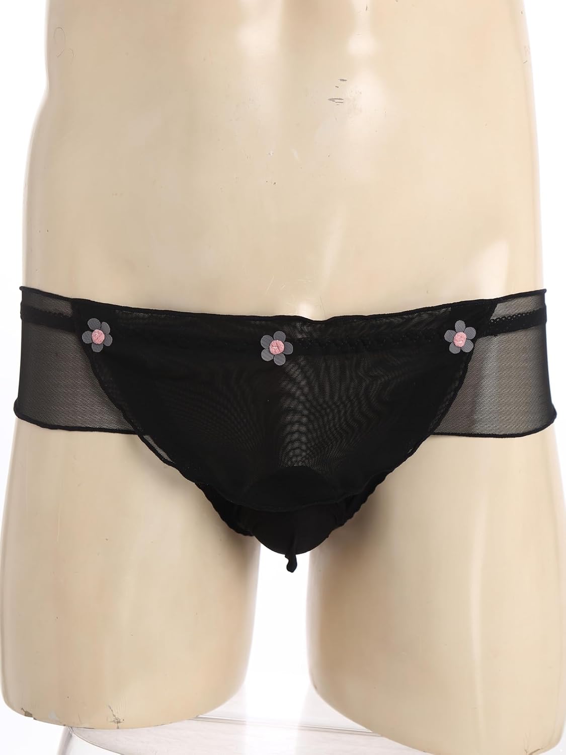 Jhaoyu Mens Sexy Underwear See Through Flower Applique Trim Panties Low Rise Bulge Pouch Briefs