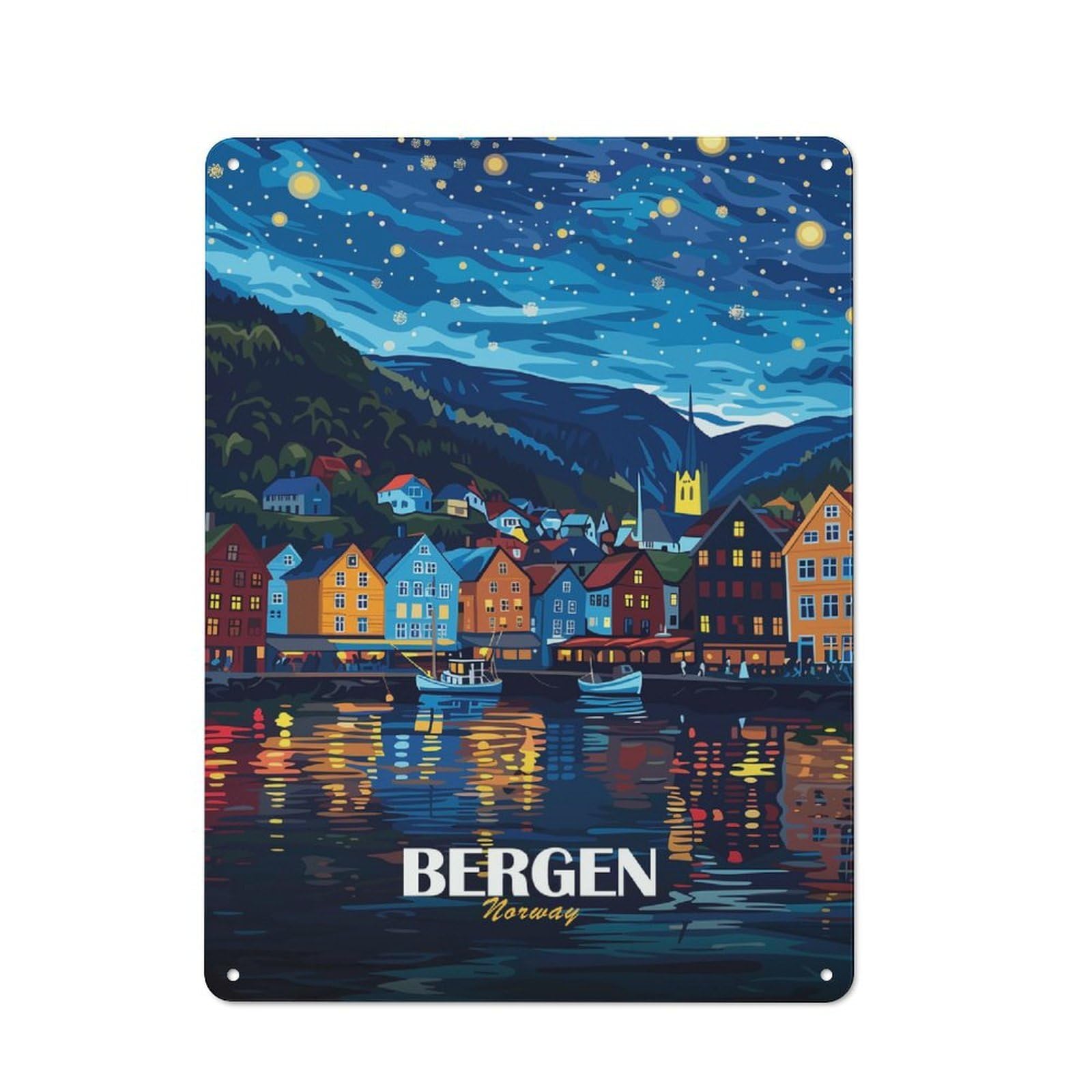 Bergen Norway Nightscape Illustration Decorative Tin Plaque 40x30cm, Decorative Novelty Wall Art for Hallway, Home Bar, Garage Or Study
