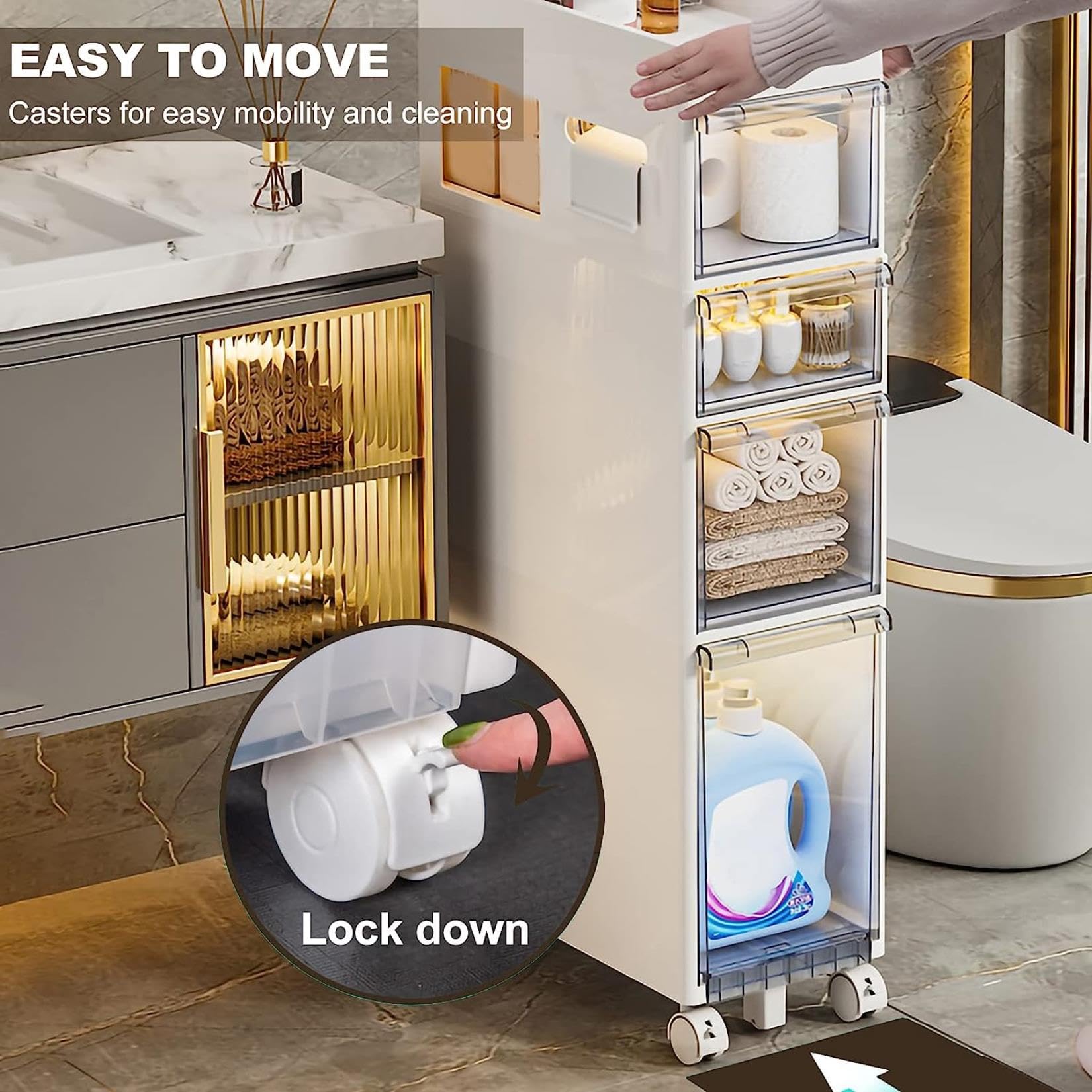 Cajones de almacenamiento apilables Gabinete de almacenamiento de baño pequeño de 9'' de ancho, gabinete de piso de baño Estrecho de 4 niveles de Gran capacidad con Cajon