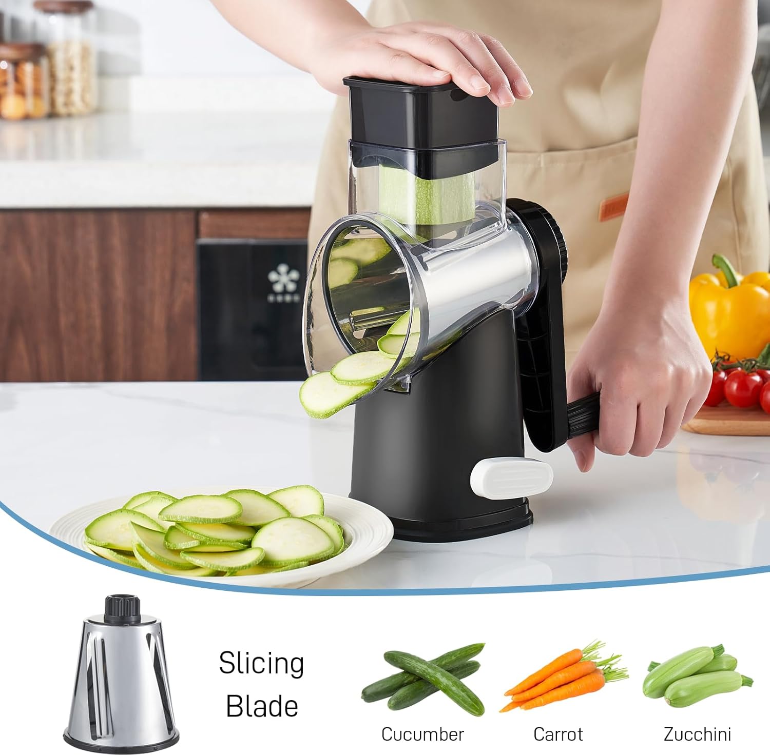 VEKAYA Rotary Cheese Grater Hand Crank with 4 Interchangeable Stainless Steel Blades, Large Manual Handle Shredder and Waffle Slicer for Vegetables, Cheese and Nuts with Table Suction Base (Black)