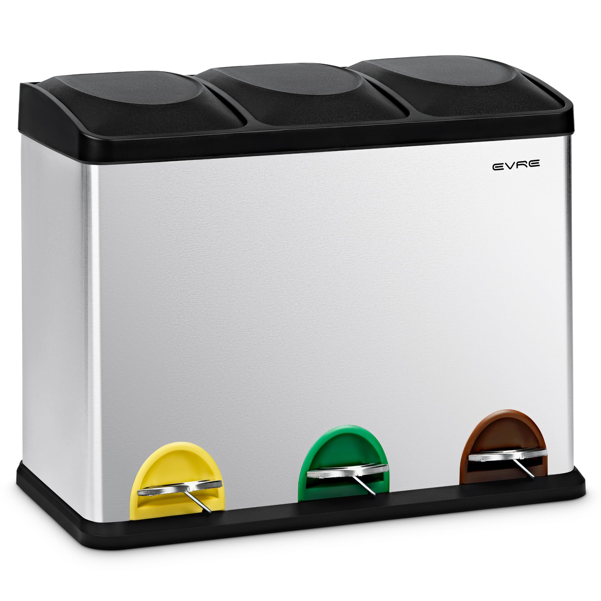 EVRE 45 Litre Bin with 3 15 L Compartments with Removable Inner Buckets and Handles for Waste Separation Recycling Trash Can (Silver)