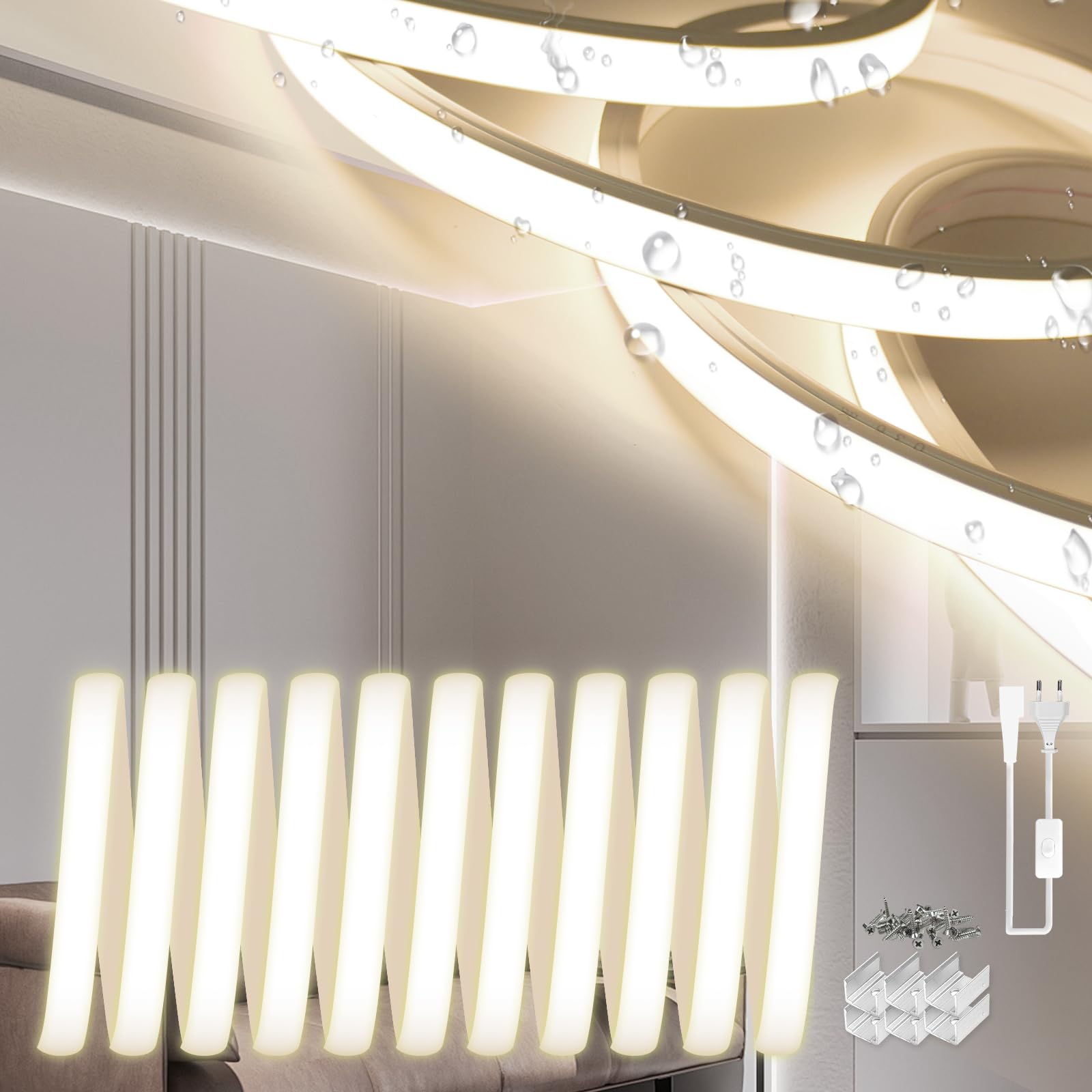 Striscia LED Neon 10 Metri, Silicone Strisce Led Esterno Impermeabile Ignifugo IP65 Flessibil 10m Luci Led Camera da Letto 220V Bianco Naturale 4000K Tagliabile 120 LED/m Con Interruttore