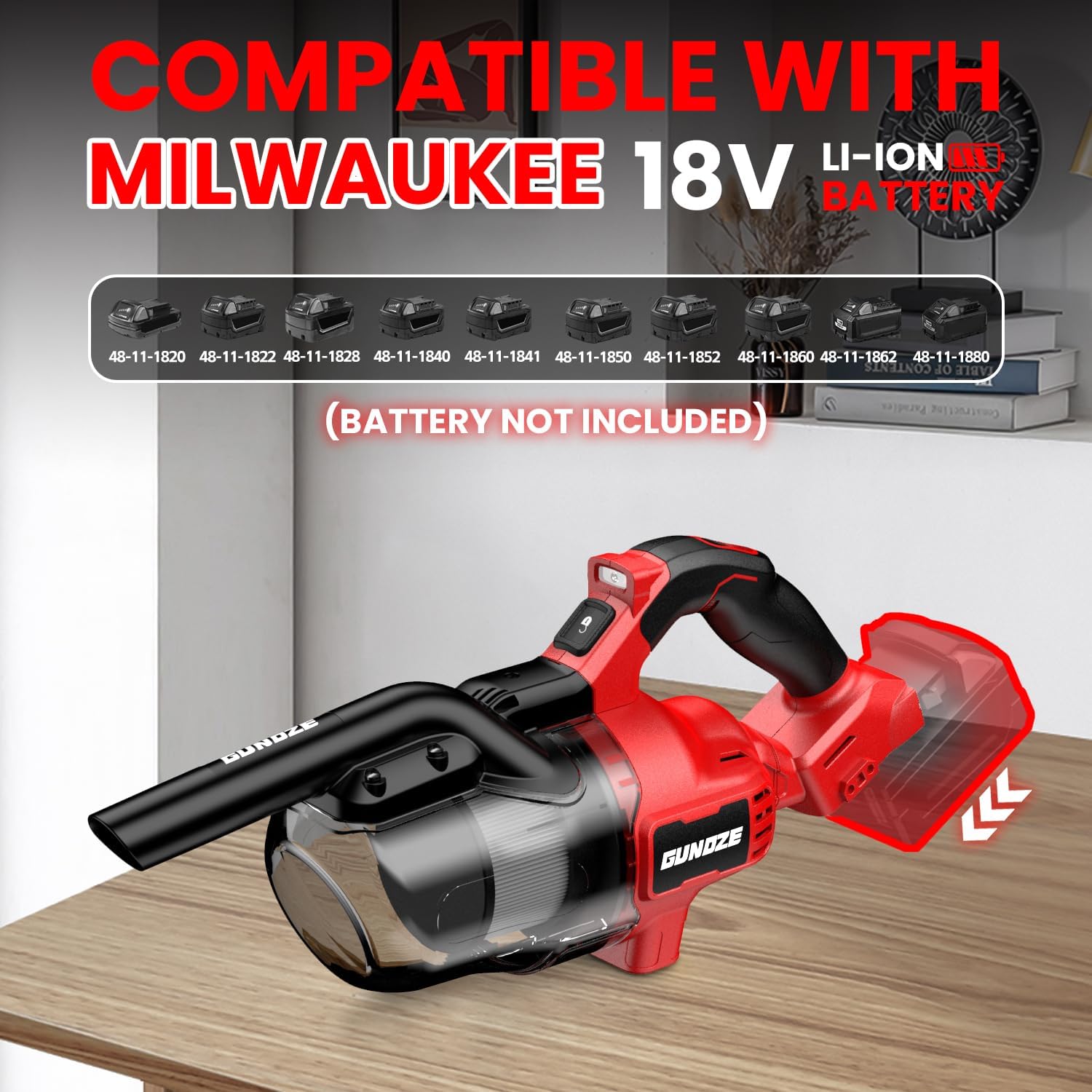 GUNOZE Cordless Vacuum compatible with Milwaukee 18V batteries.