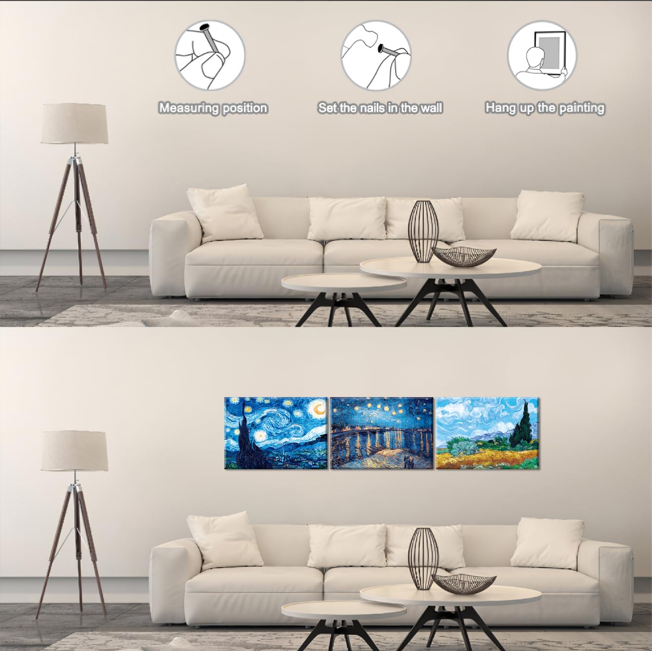 Piy Painting Sternennacht Leinwanddruck, Buntes Leinwand Malerei, Landschaft Gemälde, Leicht Zu Hängen Für Wohnzimmer Flur Küche Schlafzimmer, Set Von 3, 58x40cm (174x40 cm), Eingebautem Holzrahmen