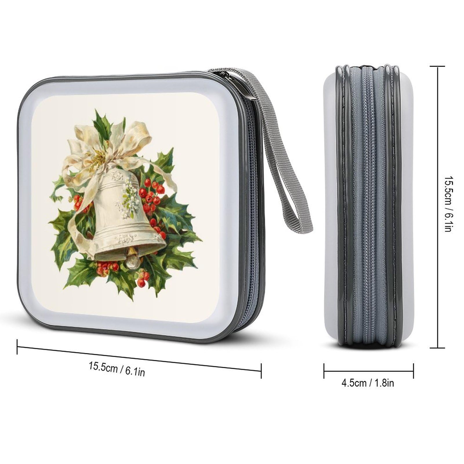 DuduYH White Bell with Holly Mistletoe CD Case DVD Storage Case Portable for Car Home Travel