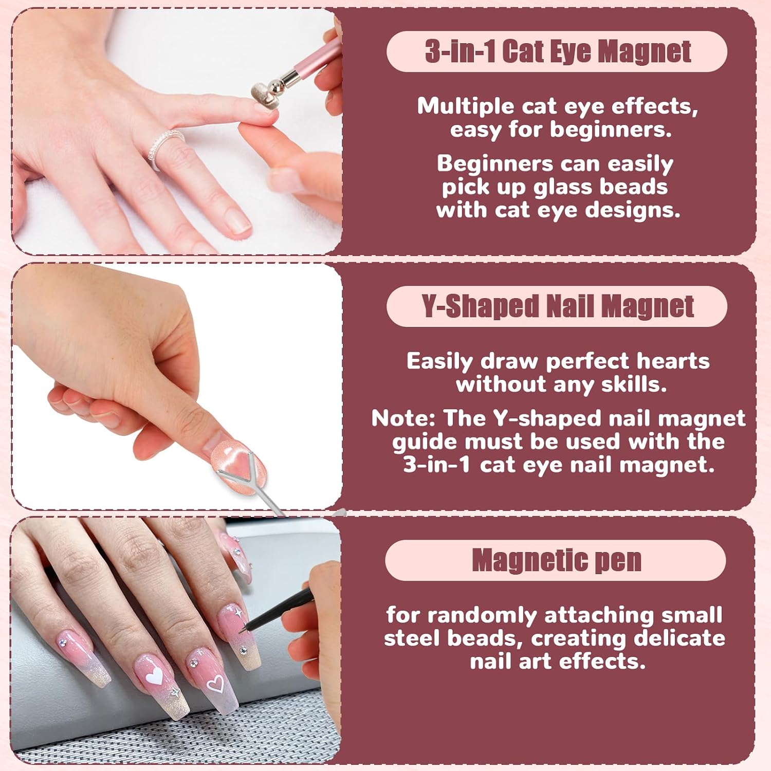 4pcs Cat Eye Nail Magnet Set, Multifunctional Nail Art Magnet Pen with Magnetic Guide Tool for DIY Cateye Gel Nails Polish Design Accessories at Home and Salon Use, Beginner-Friendly
