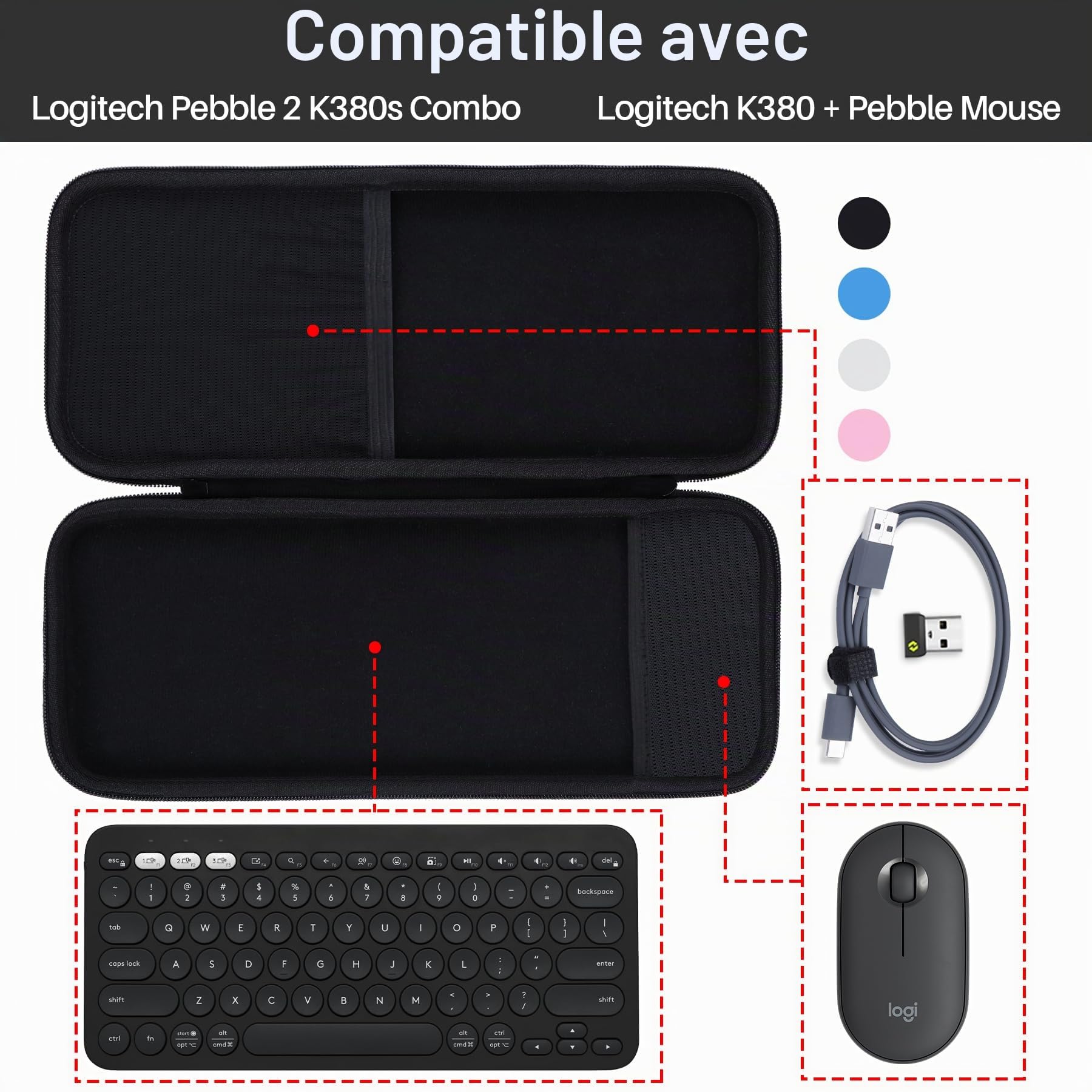 Lebakort Dur Étui Housse Cas Compatible avec Logitech Pebble 2 Combo K380s K380 Clavier sans Fil et M350s M353 Souris (Rose)