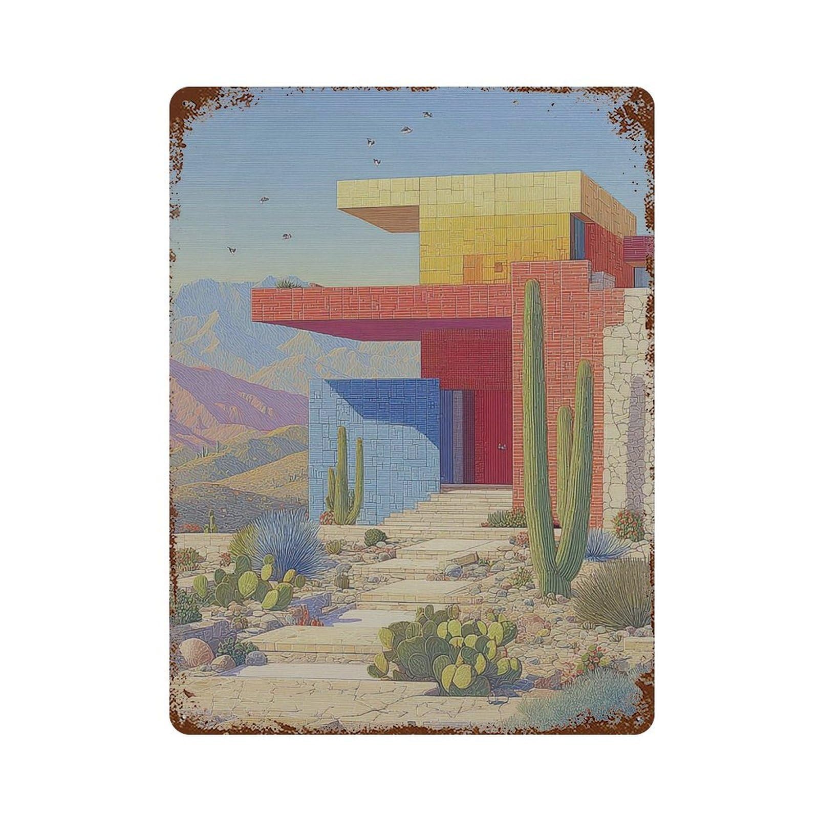 xiaoxiaoshen Modern Desert House Mid Century Architecture Colorful Geometric Southwest Landsc Wall Decor Art Metal Tin Poster Modern Home Decor Art Home Bar Shop Decorations Vintage Sign 40x30cm
