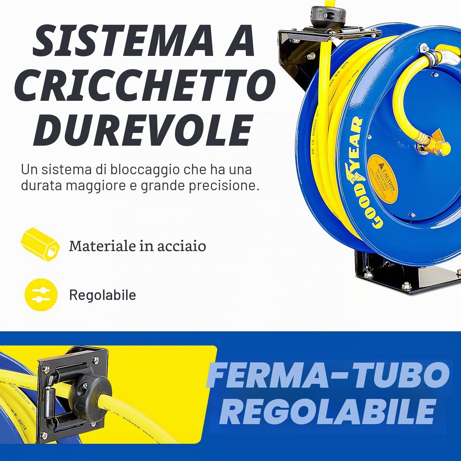 Goodyear, Avvolgitubo retrattile L815153G per compressore d'aria e tubo dell'acqua, in acciaio, con attacco da 9,5 mm x 15,2 m 1 tubo di gomma da massimo 300 psi.