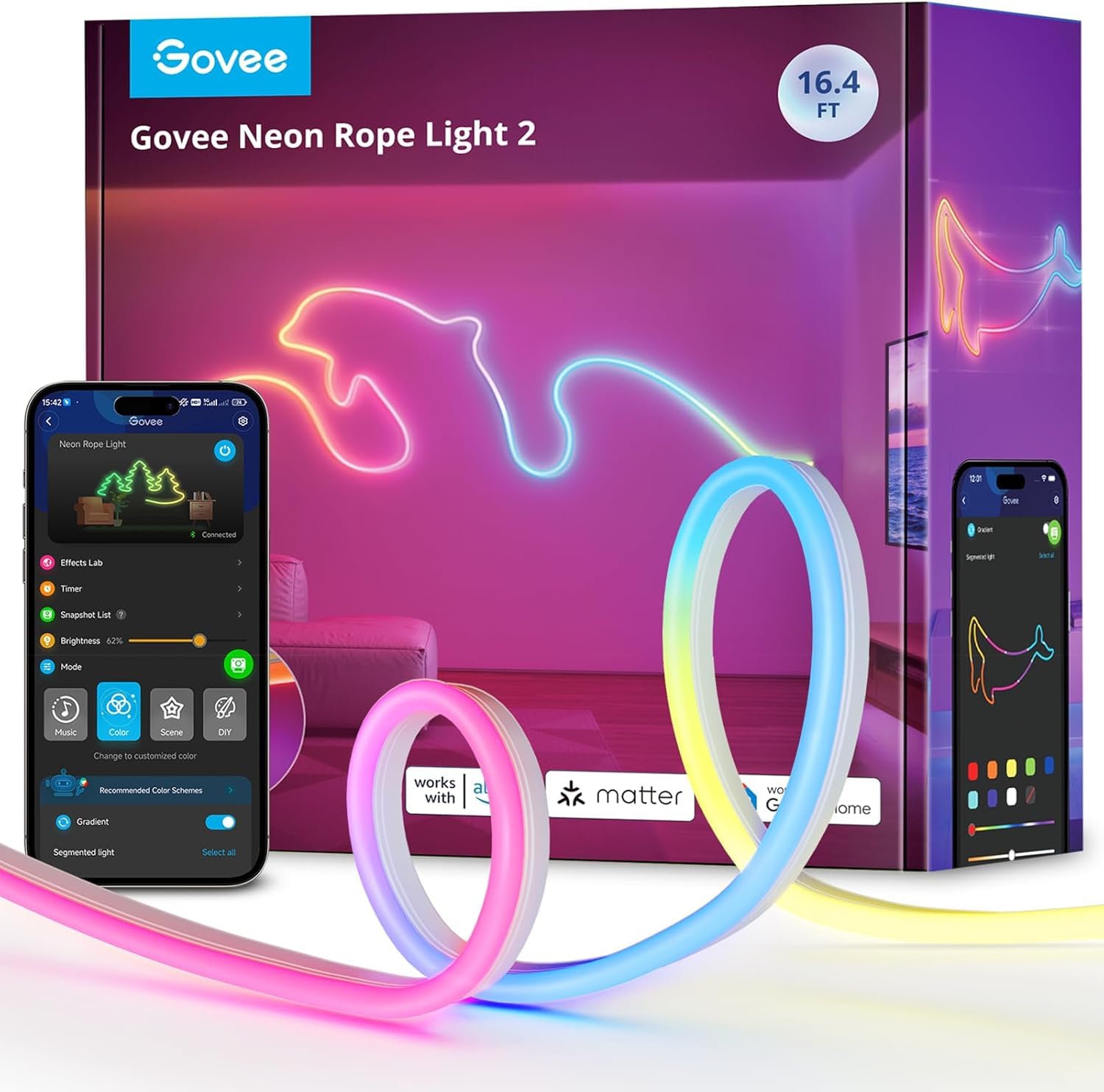 Govee Neon Rope Light 2, RGBIC Neon LED Strip 3m mit Form-Mapping | DIY Design, Kompatibel mit SmartThings, Matter, Alexa und Google Assistant, LED Streifen für Schlafzimmer Wanddekoration Weiß