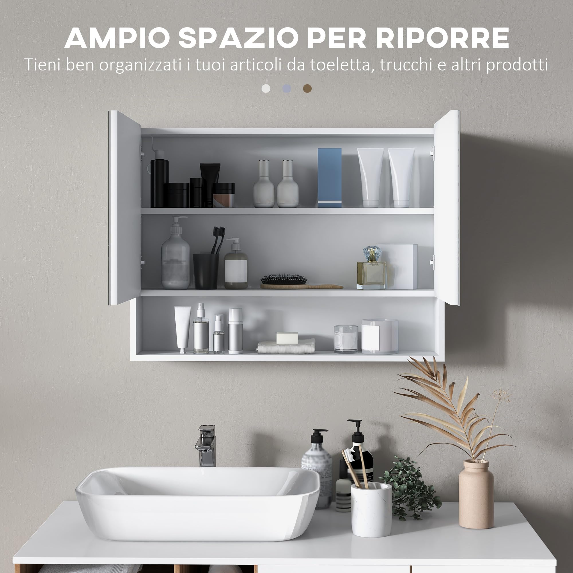 HOMCOM Specchio Bagno Contenitore con Luci a LED, Armadietto con Specchio a Muro, Ripiano Aperto e Ripiano Interno Regolabile, in Vetro e MDF, 80x15x60cm