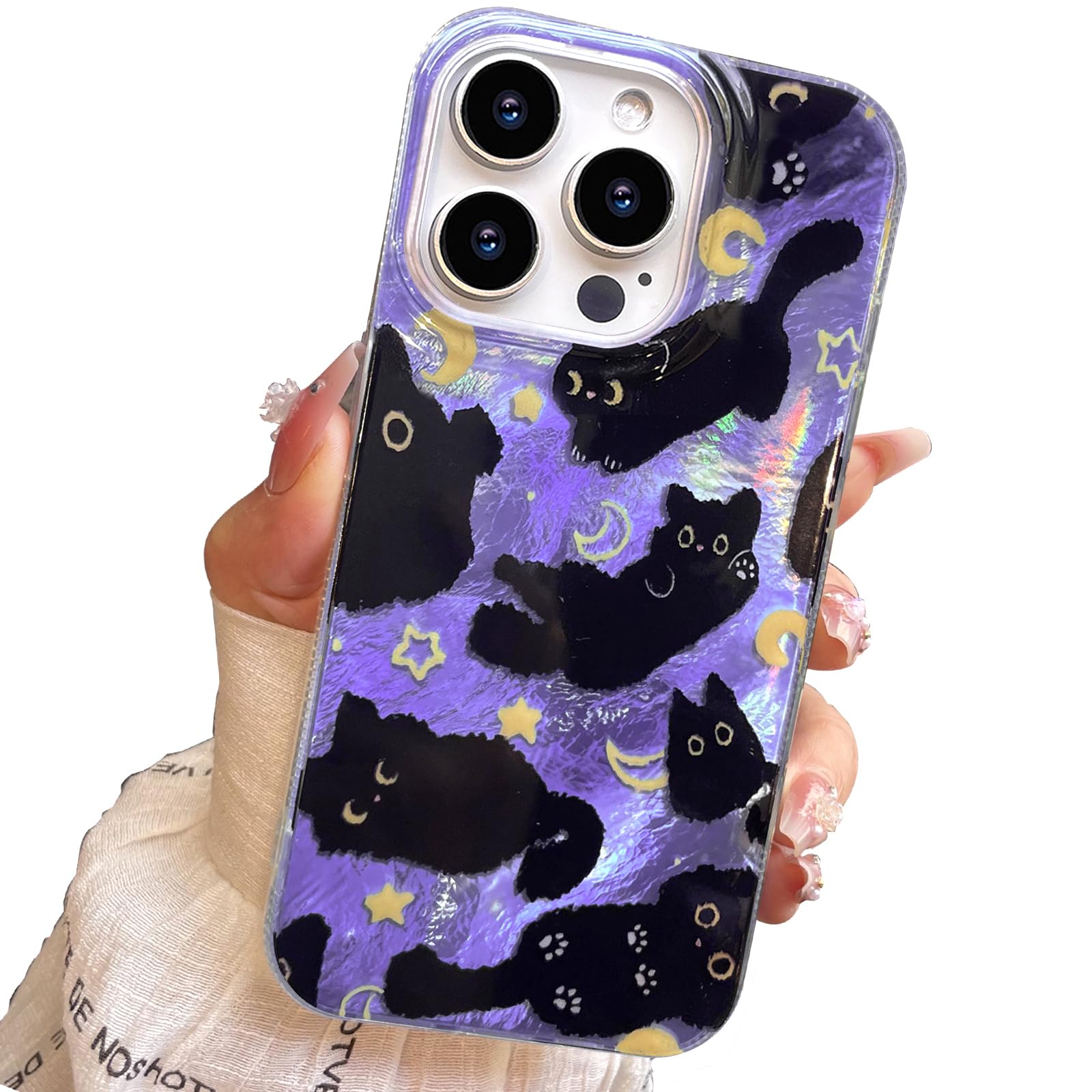 buccilly Compact Case for iPhone 16 Pro Black cat-Purple Design,Cute Trendy Soft Slim TPU Shockproof Protective Bumper Phone Cases Cover for Women