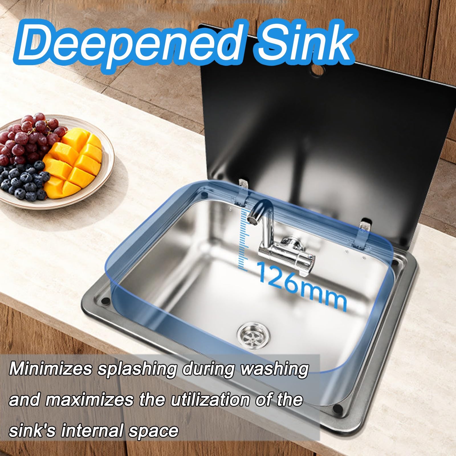 Fregadero Camper con Grifo Plegable, Fregadero Cocina de Acero Inoxidable 304, Capacidad Profunda de 5in, Tapa Integrada Multifuncional, Cubeta Individual para Bar o Autocaravana