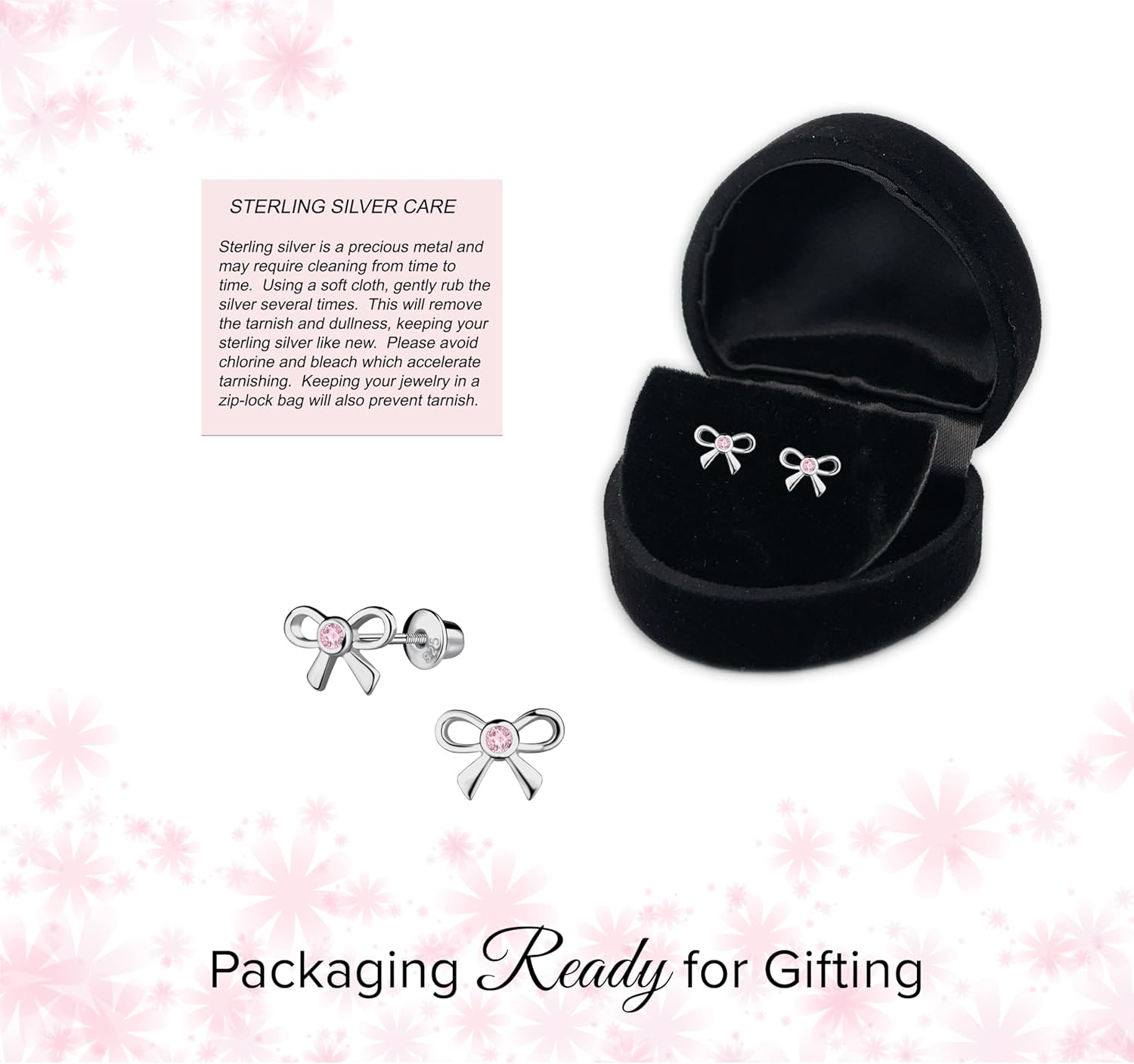 Cherished Moments Children's .925 Sterling Silver Pink Bow Screw Back Earrings for Babies, Little Girls, Kids and Toddlers - Image 6