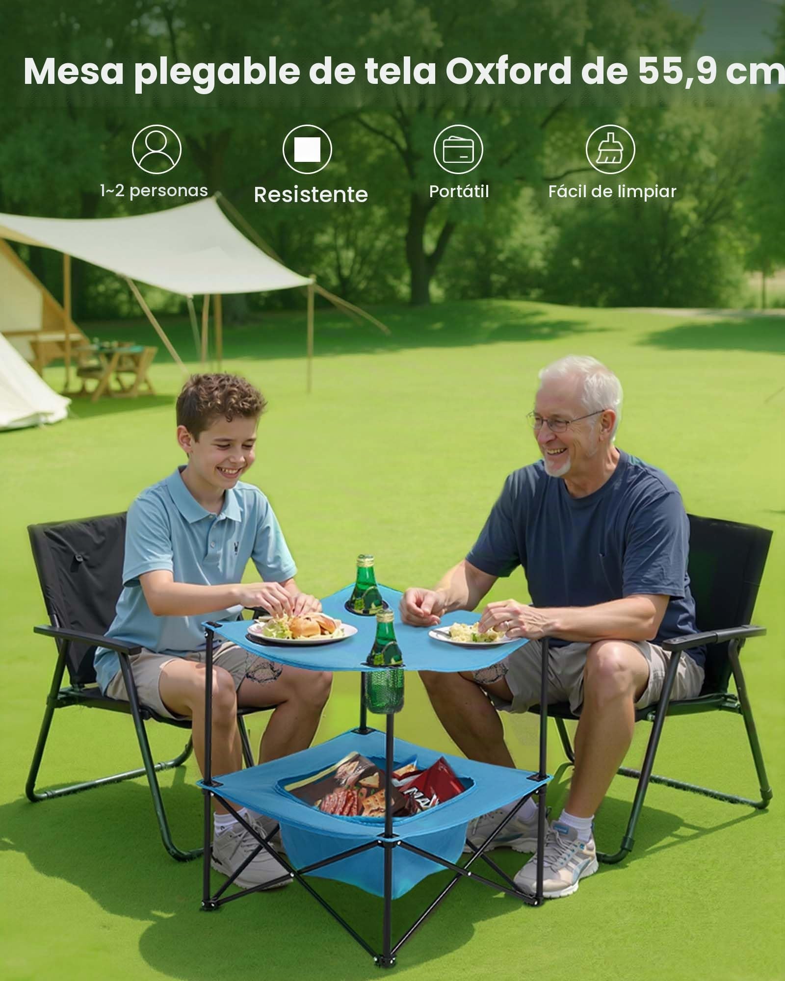 VEVOR Mesa de Camping Plegable Portátil y Ligera, para Exteriores, de Lona Oxford 600D, Impermeable, para Playa, con 4 Portavasos y Bolsa de Transporte, para Picnics, 560 x 560 x 640 mm, Azul