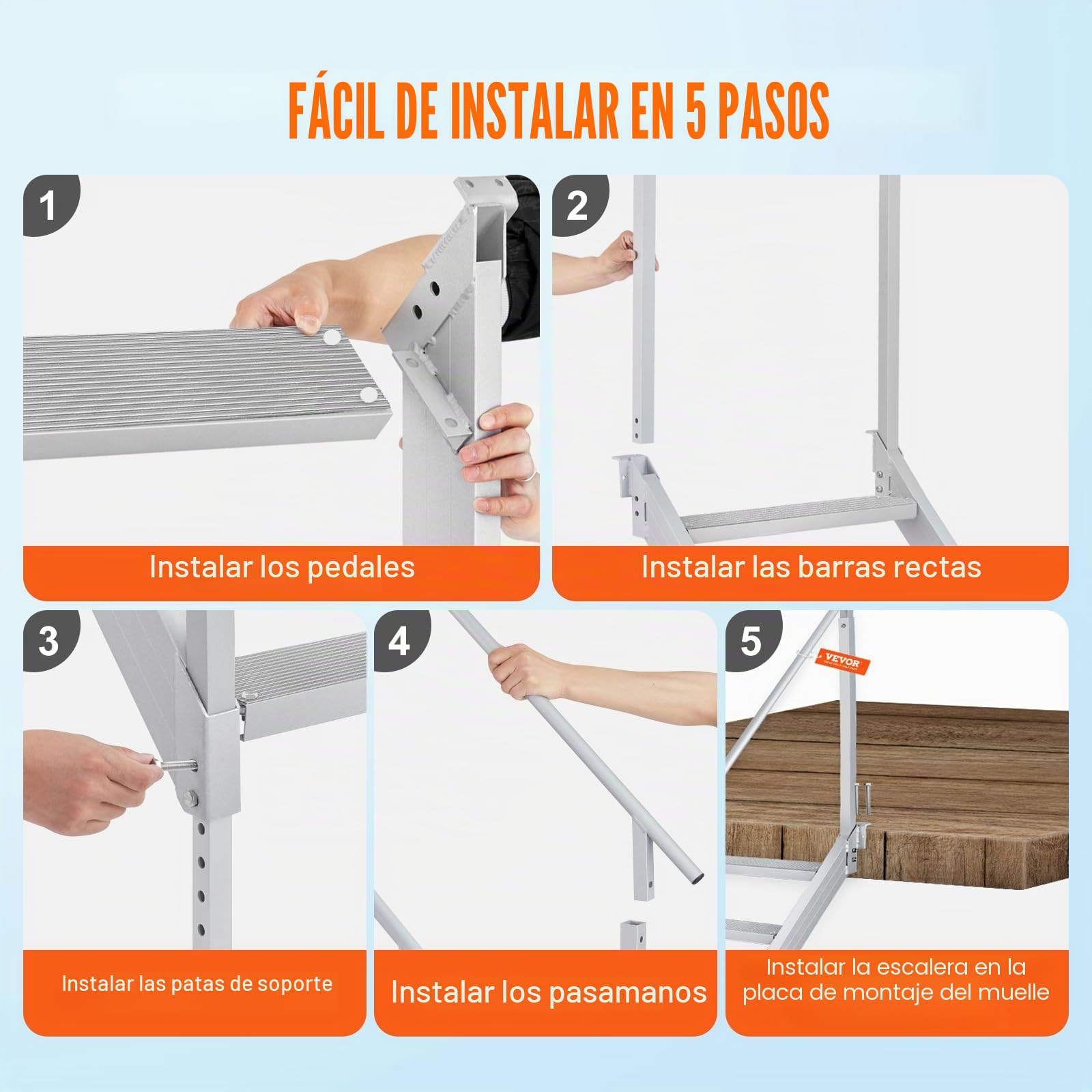 VEVOR Escalera de Muelle Altura Ajustable 109-130 cm Pontón Escalera para Barco 6 Escalones Aleación de Aluminio Carga 226 kg con Pasamanos Pedales Antideslizantes para Embarque en Barco, Piscina