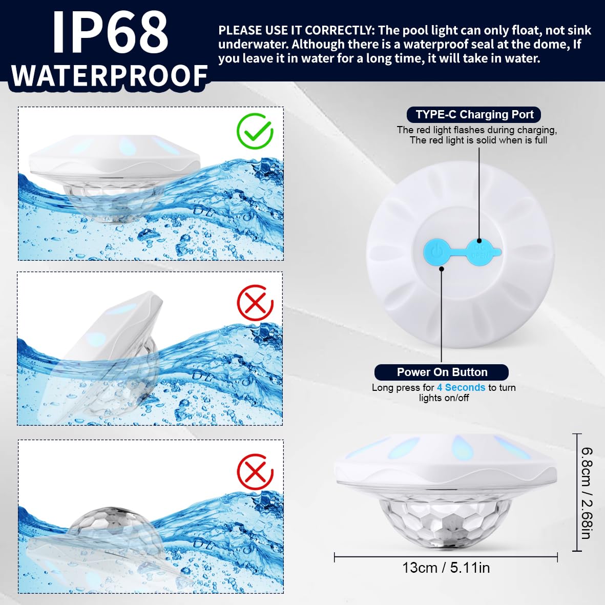 TEPENAR Schwimmende Poolleuchte 7 Modi IP68 – Wiederaufladbare Disco & Spa-Beleuchtung für Schwimmbecken, Whirlpools, Aquarien, Gartenteiche – Wasserdichte LED-Deko für Outdoor-Partys (2Stk)