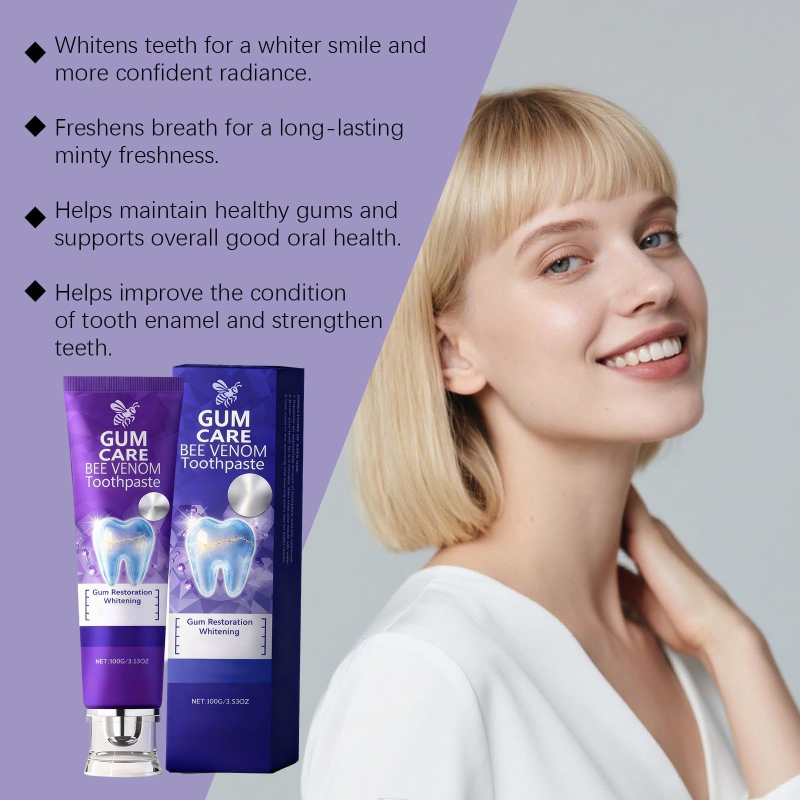 Pasta de dientes Bee Venom con veneno de abeja, pasta de dientes blanqueadora, blanqueamiento dental natural, elimina la decoloración y refresca el aliento, ingredientes naturales para hombres y
