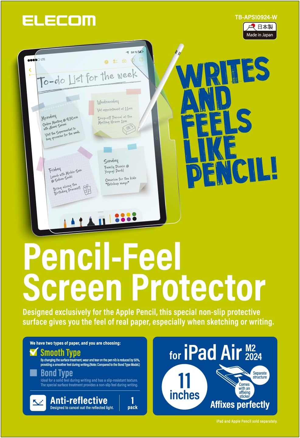 Elecom TB-APS10924-W iPad Air 11 Inch (M2) 2024 Model Film, Paper Texture, Kent Paper Type, Anti-Glare, Easy to Apply, Repositionable