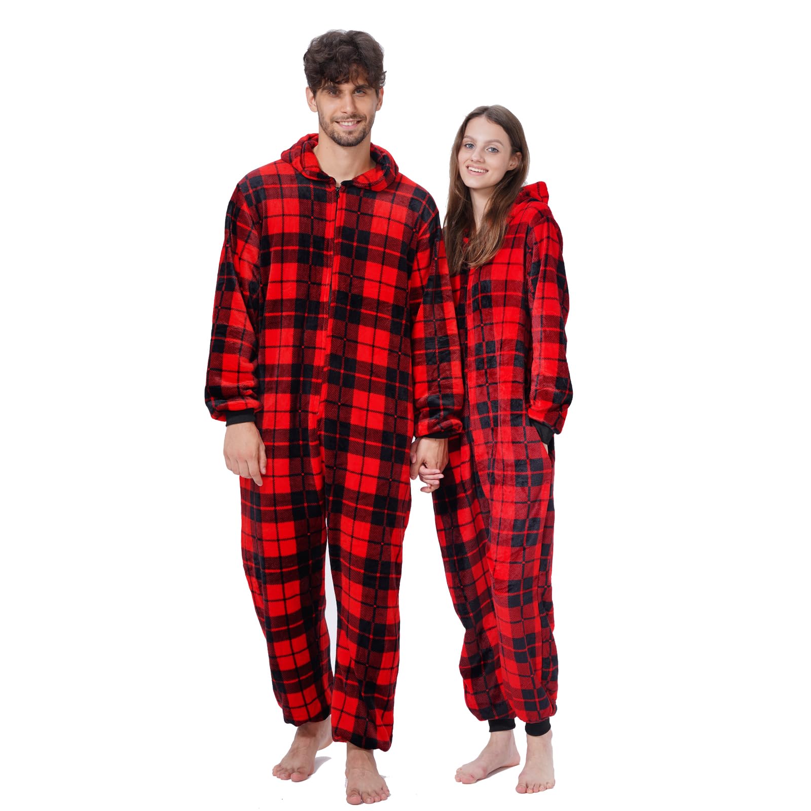 Seaforie Matching Pajamas for Couples,2024 Adult Onesies Flannel Pijamas for Women,One-Piece Red Plaid Fleece Men's Pjs