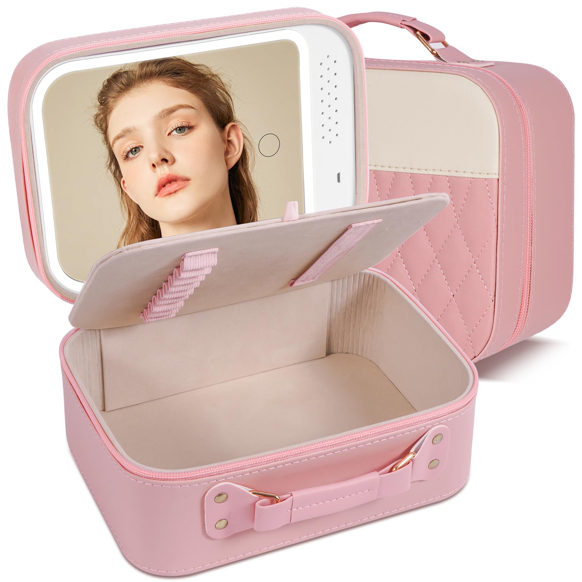 M-Box Travel Makeup Bag With LED Mirror, Protable Size Makeup Case Travel Cosmetic Bags Brush Organizer Storage Box, Rechargeable Vanity Mirror, Cosmetic Travel Bag for Women. (Pink)