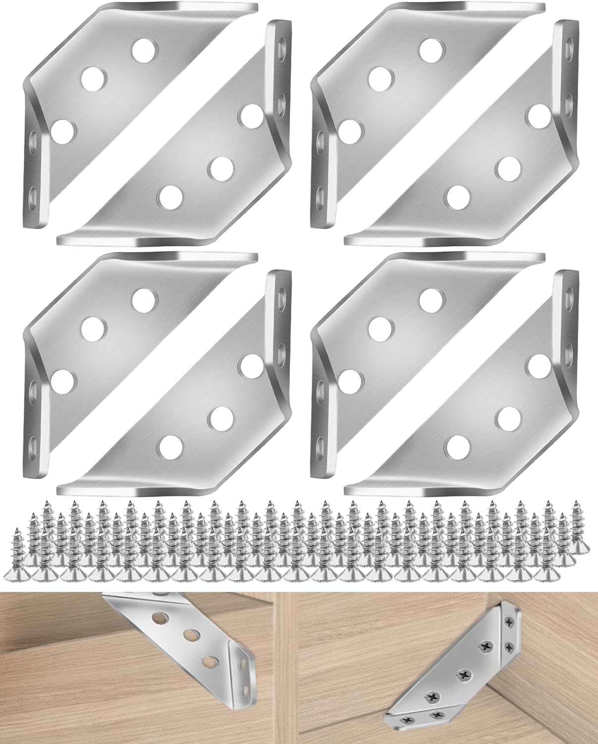 8 PCS Universal Furniture Corner Connectors with Screws, Stainless Steel Corner Supports Bracket Braces, Trapeziform Angle Brackets for Wooden Bed/Shelf/Cabinet/Table/Chair/Wardrobe/Infanette