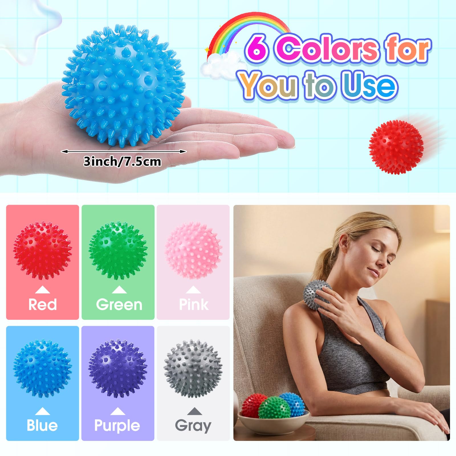 Liliful 12 bolas de masaje con pinchos, rodillo de bola de pie duro, entrenador de arco de pie firme para tejido profundo, fascitis plantar, pies, espalda, manos, dolor muscular, ejercicio, 3 pulgadas