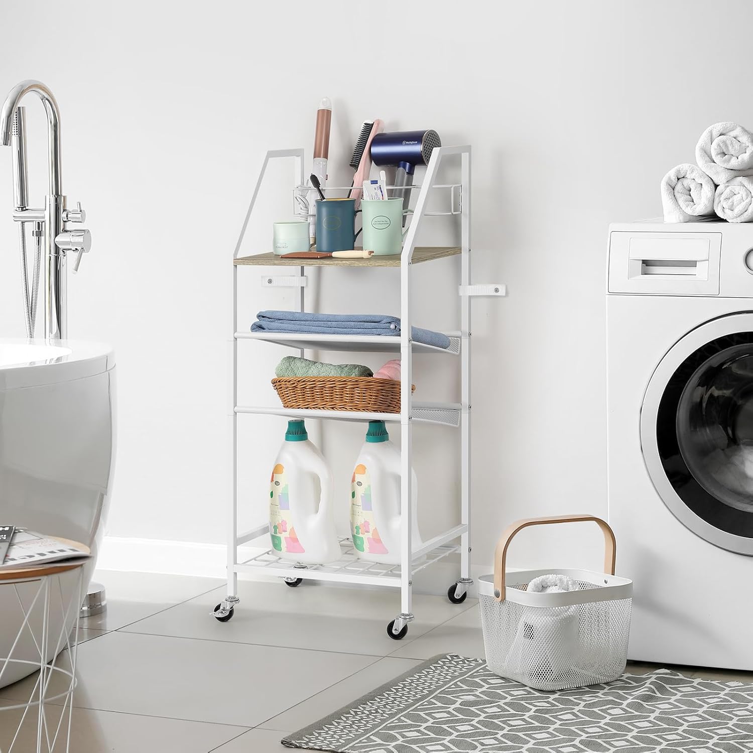OYEAL White Bathroom Storage Cart Rolling Towel Cart On Wheels Freestanding Bathroom Shelf Unit with Hair Dryer Holder for Small Spaces, Living Room, Kitchen