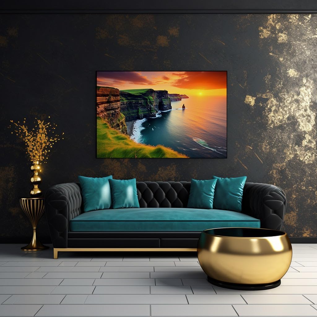 Canvas for Living room. Sunset Serenade at the Cliffs of Moher Ireland's Natural Grandeur Unveiled, 27 x 18 inch Canvas Wall Art - Surrealistic Visions - Modern Home Decor