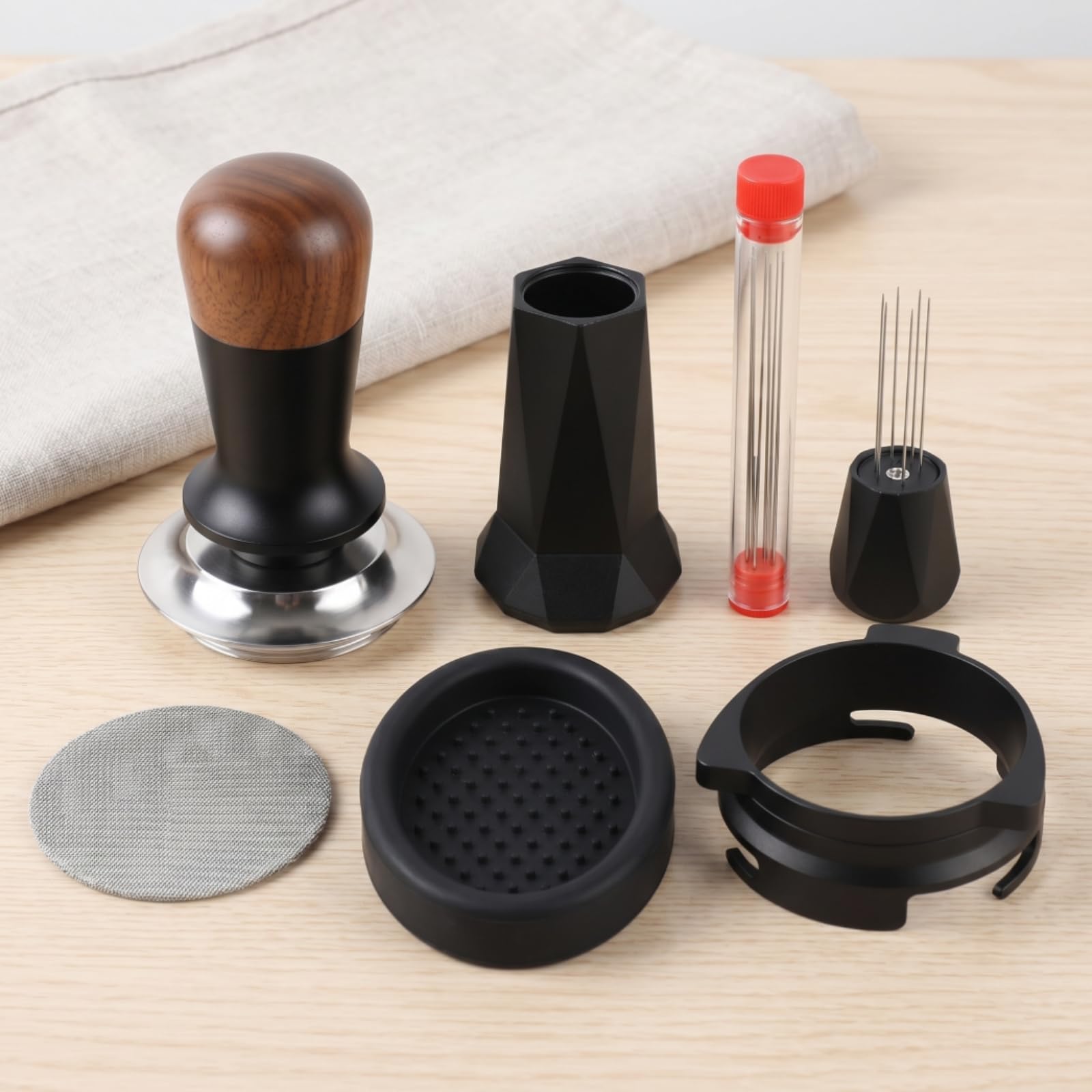 Kit Pressino caffè 5 Pezzi con Utensile Distribuzione Macinato Schermo Rotondo Tappetino Pressa Nero Supporto Dosatore in Acciaio per Estrazione Uniforme Macchina