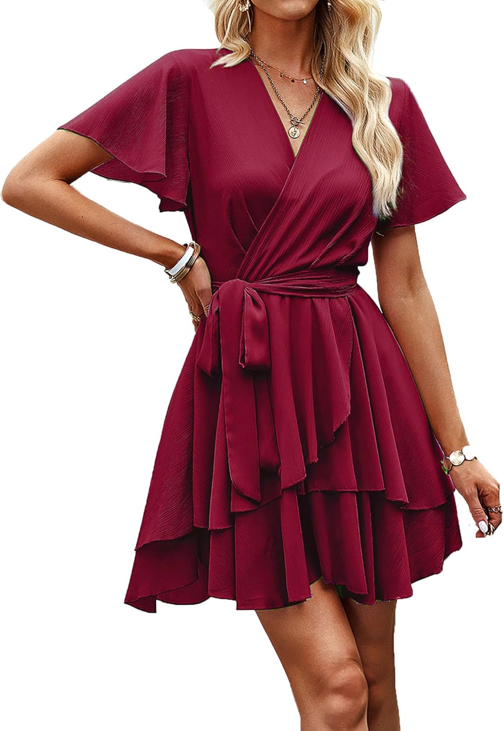 Krumba Short Sleeve Women Dress: V-Neck Ruffle Tie Waist Pleated Mini - Casual Wear for Wedding Guest Beach Summer Party Trip