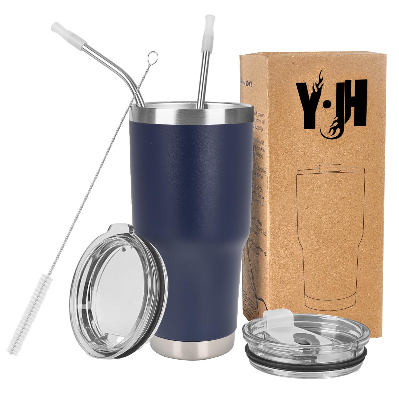 Y·J&H Doppelwandig Vakuum Isolierter Autobecher, Edelstahl Reiseflasche, Thermobecher Kaffee to Go mit 2 Spritzfestem Deckel 2 Strohhalm, Rohrbürste,BPA Free