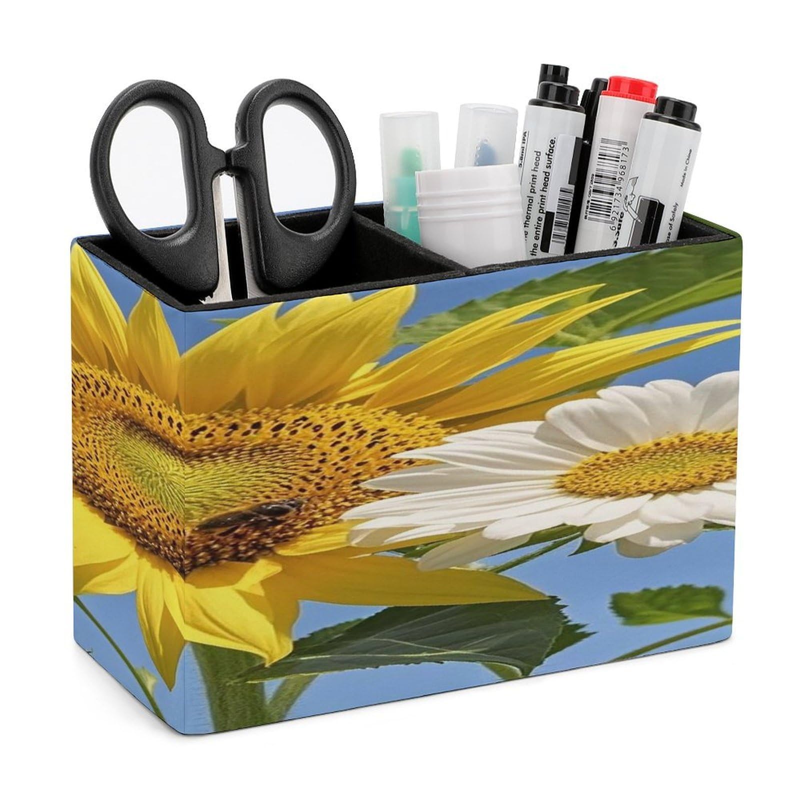 FekiLoot Bees Sunflowers Daisy Rose Flowers Pen Holders for Desk Small Remote Control Holder Leather Pencil Cup with Double Compartments Desktop Organizer for Table Desk Office Space Saving