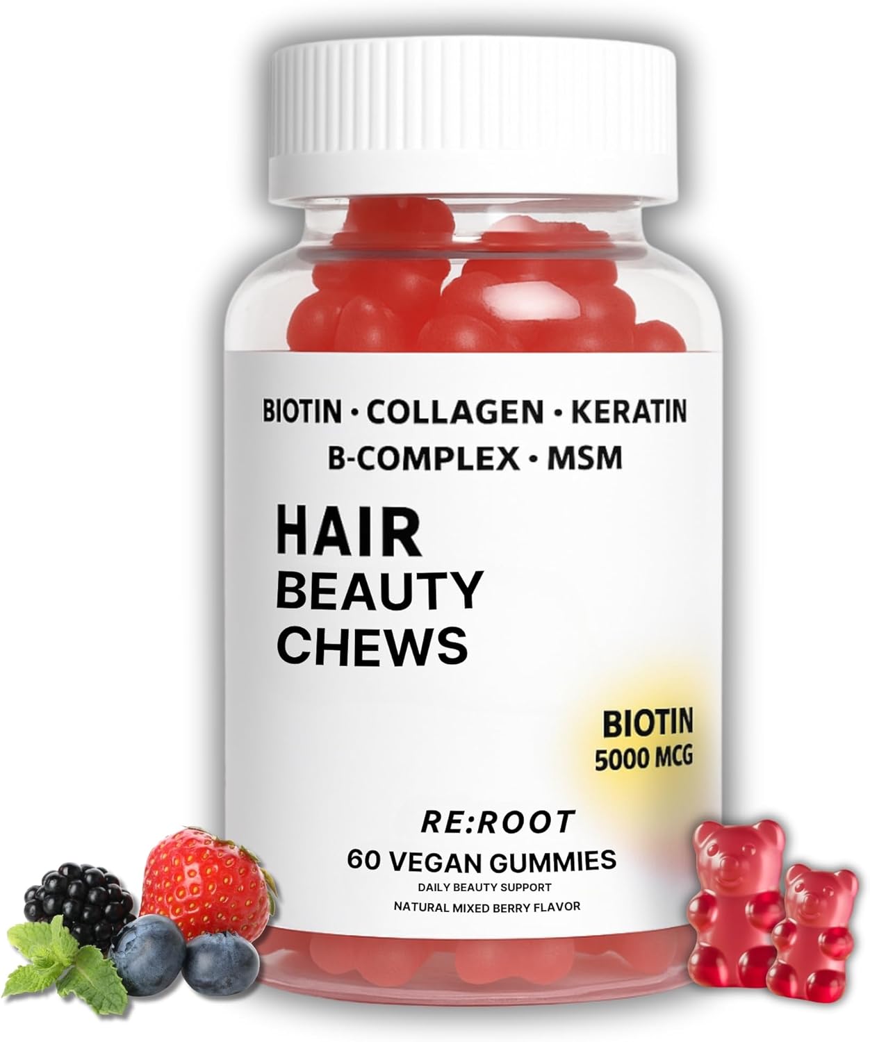 RE:ROOT Hair Growth Gummies – 5,000 mcg Biotin with Collagen, Keratin & MSM – Hair, Skin & Nails Support – 60 Berry Gummies