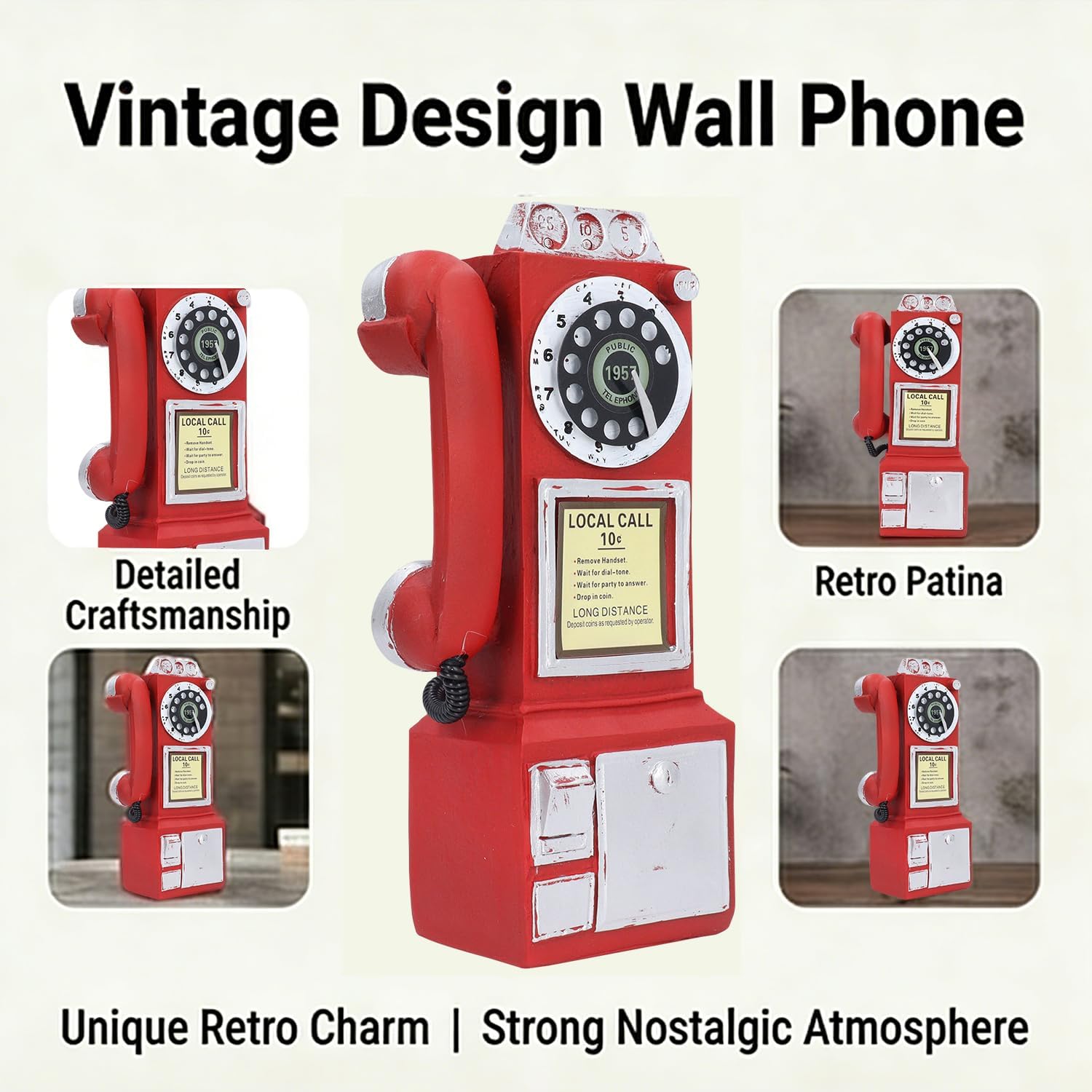 Vintage Wall Mounted Telephone Ornament Retro Lifelike Wall Decor Handmade Resin Phone Decoration for Coffee Shop Home Office 11.42 x 3.74 Inches (Red)