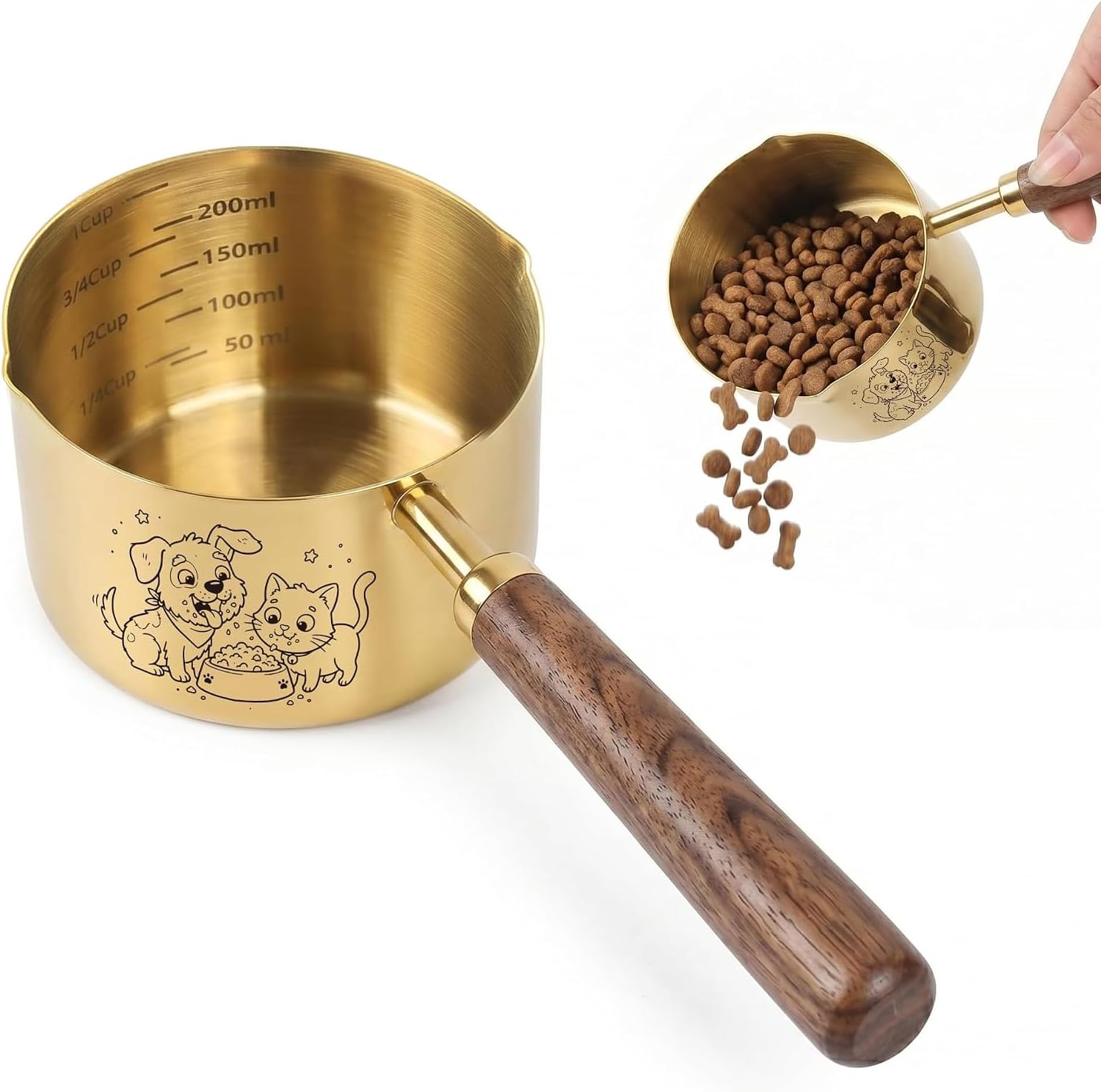 Dog Food Scoop Measuring Cup, 1 Cup, Gold Finish | 1 Cup Dog Food Scoop, Premium Gold Pet Food Scoop with Walnut Wood Handle, for Dog Food, Cat Kibble, Treats & Kitchen Use
