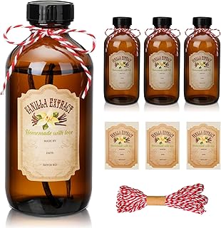 Suclain 3 Pcs 8 oz Vanilla Extract Bottles Amber Boston Round Glass Boston Bottles for Vanilla Extract Homemade and Vanilla Extract Sticker for Syrup Gift Food Storage Canister Set for Sauce Beans